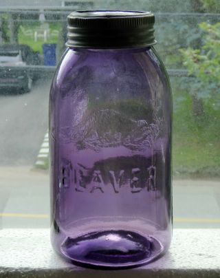 Antique Large Size Beaver Deep Purple Fruit Canning Jar