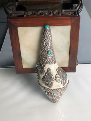 Stunning Antique Himalaya Tibetan Buddhist Silver & Conch Shell Ritual Horn