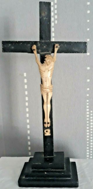 Antique French Crucifix Cross Christ Corpus Altar Bone Wood 19th Religious