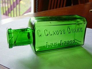 Green 1890s Drake Ann Arbor Michigan Mich.  Mi.  Pharmacy Druggist Medicine Bottle