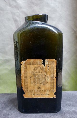 Antique Dark Green Glass Tobacco Bottle Dutch 1835 - 1840.  No Union Bottle