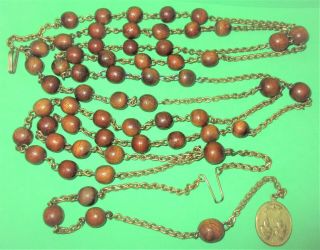ANTIQUE NUN ' S HABIT ROSARY WOOD BEADS TWO SACRED HEARTS CROWN FRENCH MEDAL OLD 3