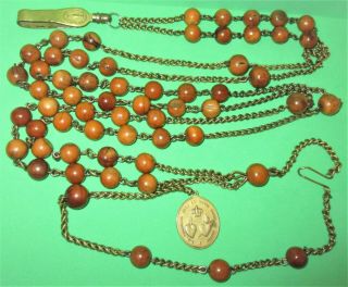 ANTIQUE NUN ' S HABIT ROSARY BROWN BEADS TWO SACRED HEARTS CROWN MEDAL ST ANN MARY 2