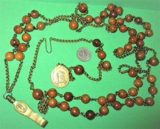 ANTIQUE NUN ' S HABIT ROSARY BROWN BEADS TWO SACRED HEARTS CROWN MEDAL ST ANN MARY 3