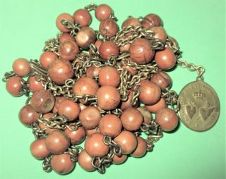 ANTIQUE NUN ' S HABIT ROSARY WOOD BEADS SACRED HEARTS CROWN MEDAL ST ANN & MARY 2
