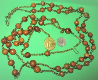 ANTIQUE NUN ' S HABIT ROSARY WOOD BEADS SACRED HEARTS CROWN MEDAL ST ANN & MARY 3