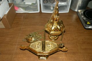 Catholic Gold Plated 4 - Chain Incense Thurible Censer,  Boat And Spoon
