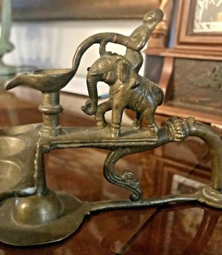 Antique Hindu Oil Lamp Temple God Riding Ornate Bronze Elephant Rich Patina