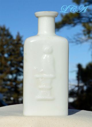 Rare Bold Embossing White Owl Drug Co Milk Glass Bottle 5 Inches Tall