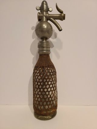 Antique 1898 American? Seltzer Bottle Soda Siphon Cane Wrapped Pewter Top Pump