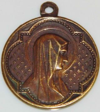 Antique Bronze Holy Medal Monogram of Our Lady The Immaculate Conception Pendant 2