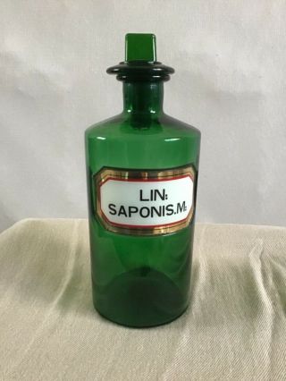 Vintage Antique Emerald Green Glass Apothecary Bottle W/ Label Lin; Saponis.  M: