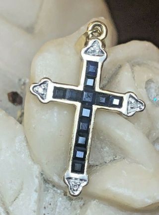 Vintage 14k Gold Blue Sapphire Diamond Cross Pendant Religious Signed Psco