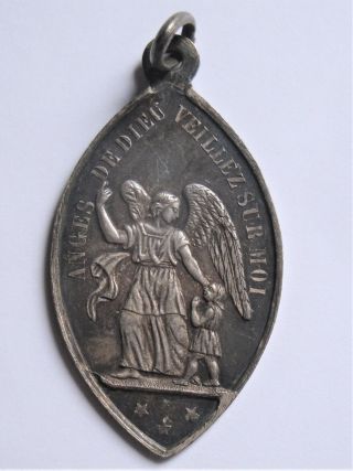 GORGEOUS OLD SOLID SILVER RELIGIOUS MEDAL GUARDIAN ANGEL AND CHILD 2