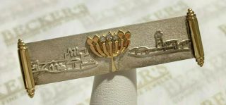 Vintage Sterling Silver Judaica Diamond Menorah Torah Scrolls Scene Pin Pendant