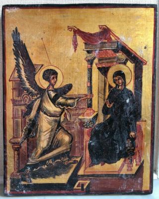 Antique Icon Of The Annunciation Mid 20th Century Hand Painted