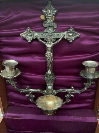 Antique Catholic Last Rites Sick Call Communion Wood Box Candle Holders,  More