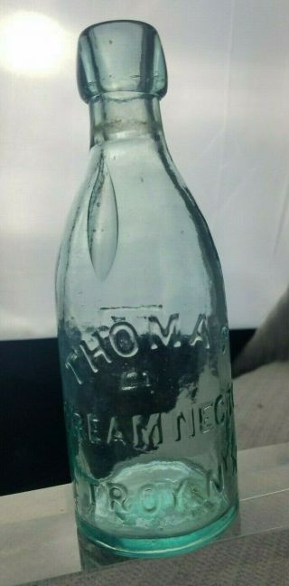 Antique Thomas Cream Nector Troy,  Ny Aqua Squat Blob Top Soda Bottle 7 Inch
