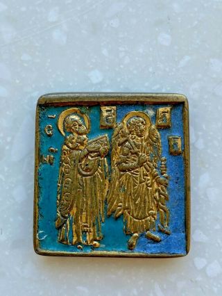 Vintage Russian Orthodox Bronze & Enamel Icon 18 Century