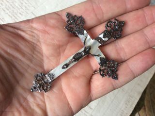 Large Antique French Solid Silver Mother Of Pearl Pendant Crucifix Hallmarked