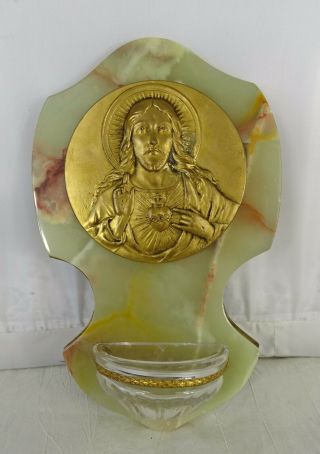 Antique French Holy Water Font Brass Marble Jesus Sacred Heart Signed Ruffony
