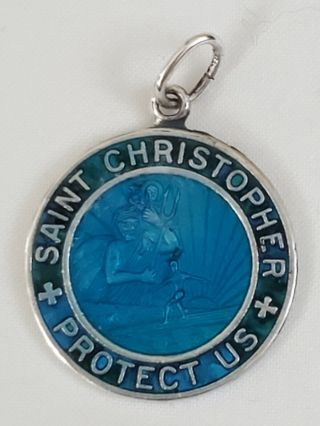 Vintage Sterling Silver Blue Enamel St Christopher Medal Pendant