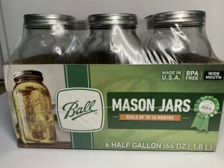 Ball Wide Mouth Canning Mason Jars Half Gallon Clear Glass Jar 64oz Pack Of 6