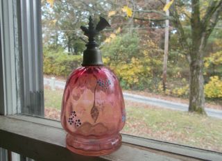 Antique 1880s Cranberry Glass Perfume Atomizer Bottle Hand Painted Flowers