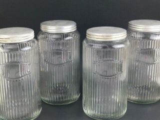 Set 4 Antique Hoosier Cabinet Kitchen Glass Ribbed Canisters Jars W/ Orig Lids