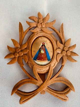 Black Forest Carved Wooden Frame Madonna Jesus Porcelain Painting German 1880