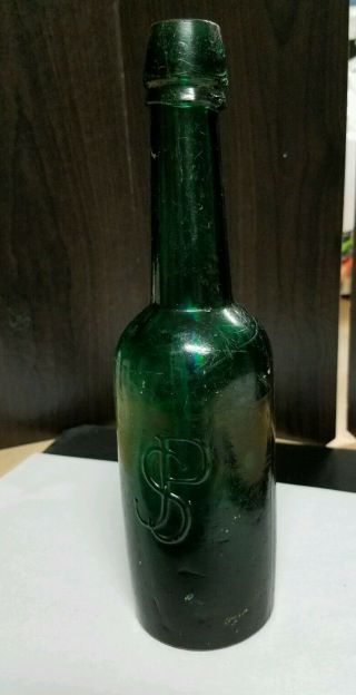 J P S Antique Peppersauce Bottle - Emerald Green With Embossed J P S