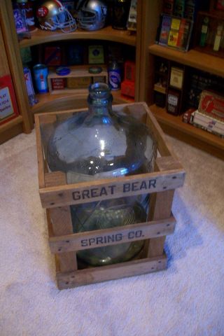 Vintage 5 Gallon Glass Water Bottle Great Bear Complete With Wooden Crate