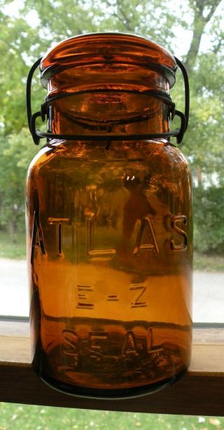 Old Amber Atlas E - Z Seal Quart Fruit Jar