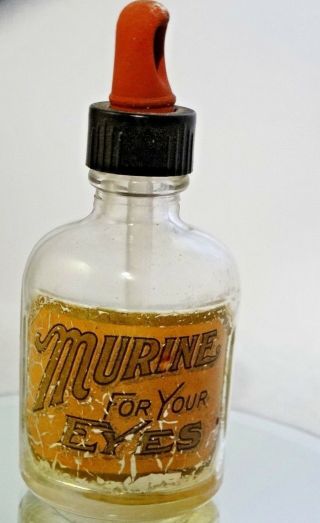 Antique Vtg Murine Eye Drops Embossed Glass Old Medicine Bottle Label Dropper