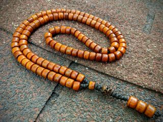 Tibetan Old Yak Bone Skull Mala Prayer Necklace 108 Beads Orange Rosary Yoga