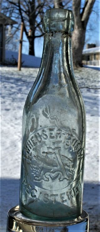 7.  5 " Anheuser Busch Pony Blob Top Aqua Beer Bottle With Eagle In Slug Plate