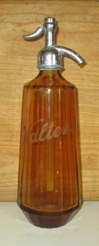 Rare Antique Amber 18 Paneled Seltzer Bottle Acid Etched Name On Side - Walter 
