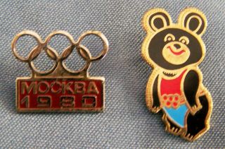 2 1980 Moscow Russia Summer Olympic Games Lapel Hat Pins Mockba Misha Bear