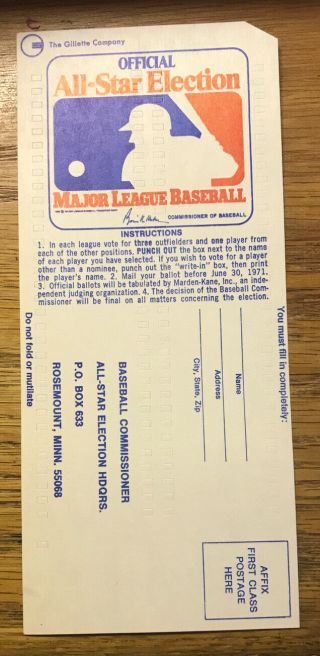 1971 Mlb All - Star Game Official Ballot