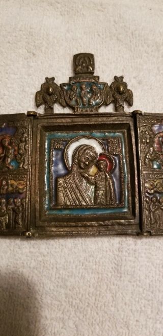 Antique Russian Bronze Enamel Triptych Icon. 3