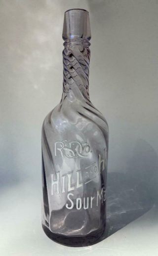 Antique Hill & Hill Rsd Sour Mash Swirl Art Glass Enamel Back Bar Whiskey Bottle