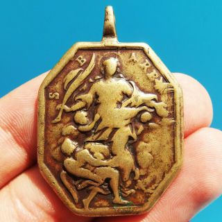 Large St Barbara Religious Medal Old 18th Century St Jerome Colonial Pendant