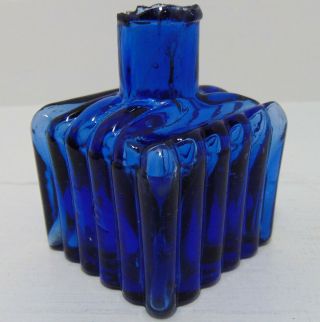 Deep Copper - Blue Ribbed Ink Bottle With Shoulder Pen Rests C1890 