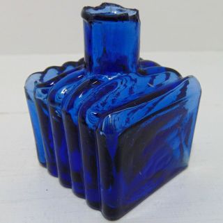 Deep Copper - Blue Ribbed Ink Bottle with Shoulder Pen Rests c1890 ' s 2