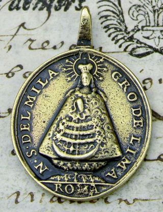 Antique 18th Century Holy Catholic Trinity & Our Lady Of Lima Peru Bronze Medal