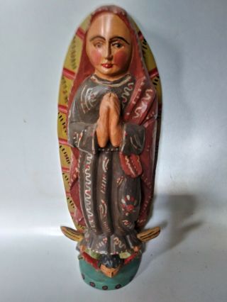 Virgin Guadalupe 16in Hand Carved Wood And Paint Virgin Folk Art