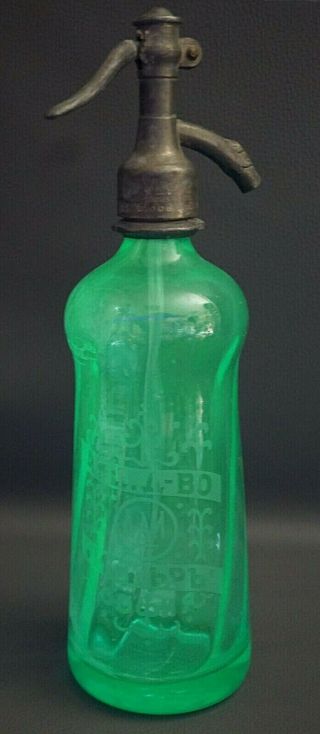 1920s Antique Soda Siphon Seltzer Aqua Blue Vaseline Uranium Glass Bottle 12 "