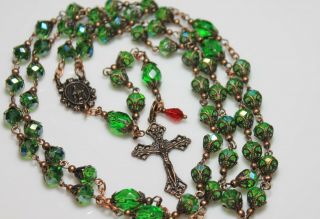 Antique Copper Emerald Green AB Czech Faceted Crystal 28 3/4” Rosary,  Rosario MAY 2