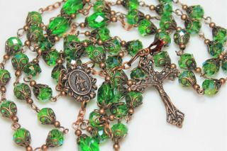 Antique Copper Emerald Green AB Czech Faceted Crystal 28 3/4” Rosary,  Rosario MAY 3