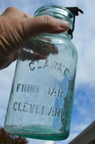 Antique Clarke Fruit Jar Co.  Aqua Quart,  Nicely Whittled,  Glass Lid,  Cam Lever
